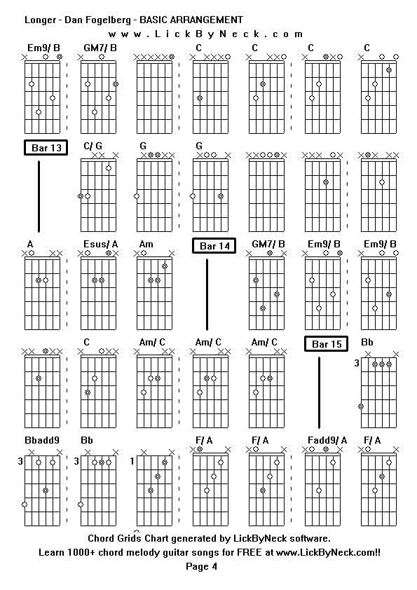 Chord Grids Chart of chord melody fingerstyle guitar song-Longer - Dan Fogelberg - BASIC ARRANGEMENT,generated by LickByNeck software.